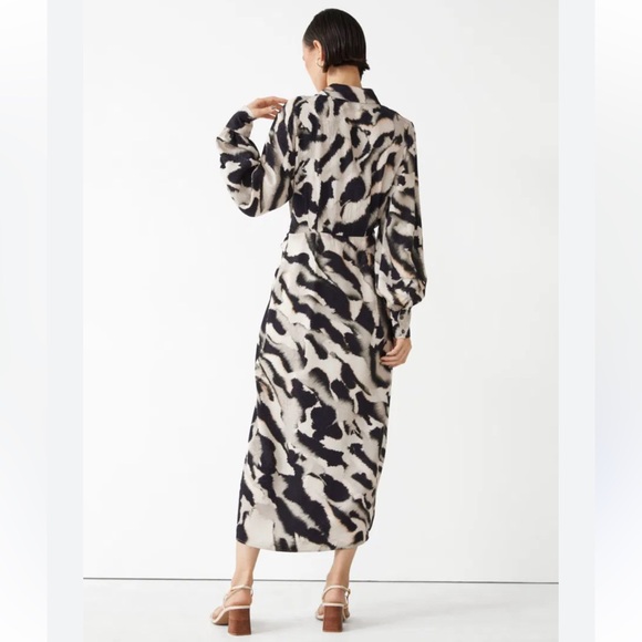 & Other Stories Black Cream Printed Shirt Long Sleeve Tie Midi Dress Size 6 - Picture 2 of 10
